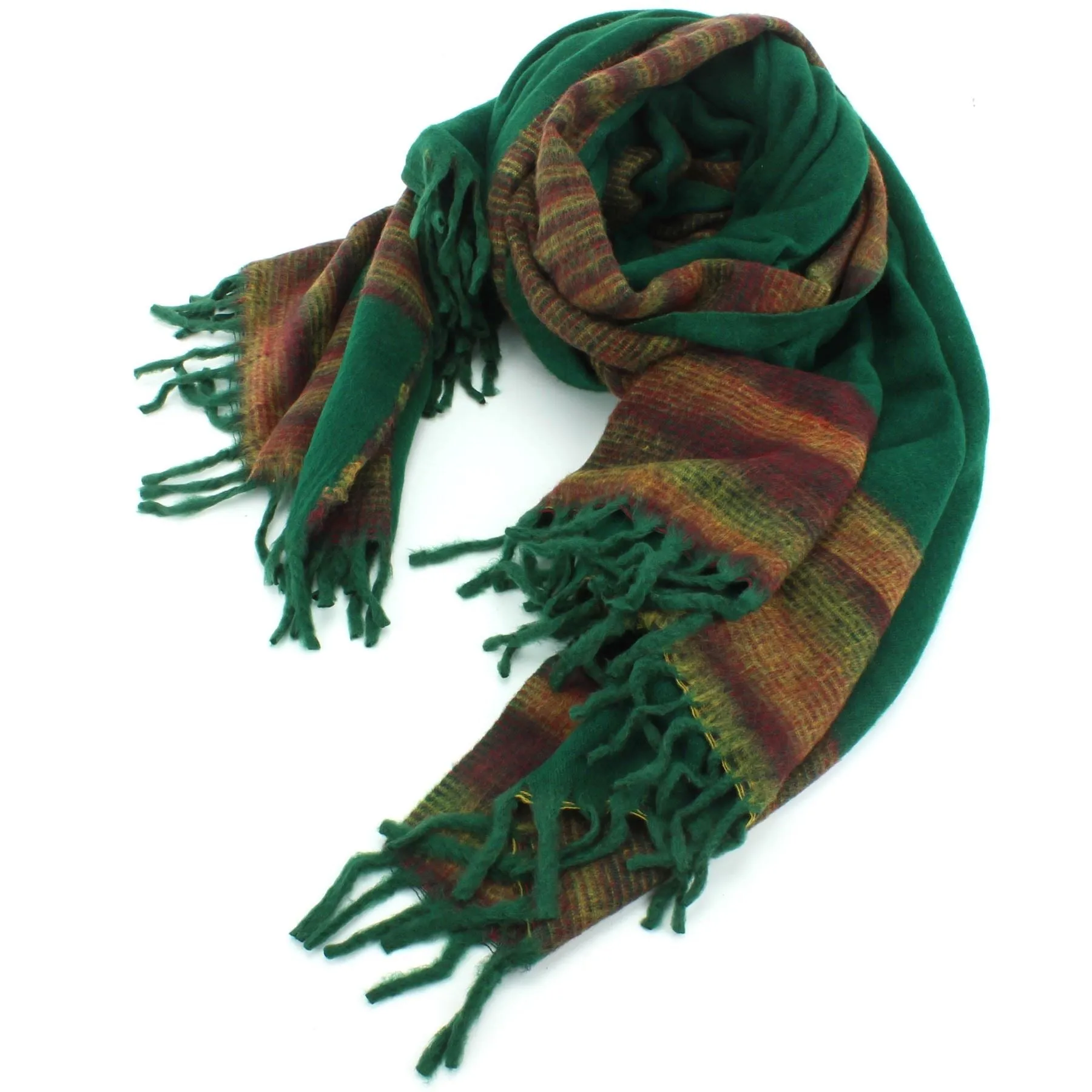 Tibetan Wool Blend Shawl Blanket - Green with Sunset Reverse