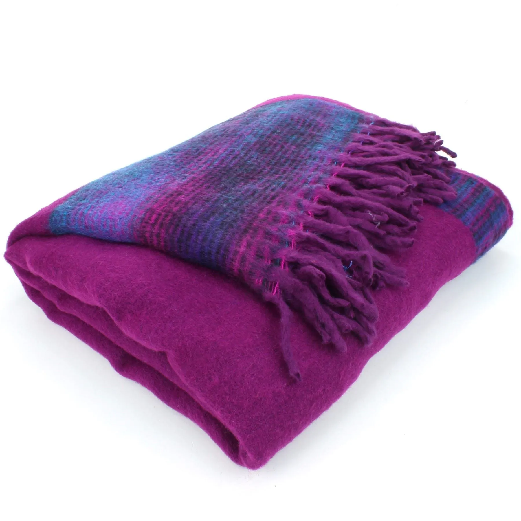 Tibetan Wool Blend Shawl Blanket - Purple with Blue & Purple Reverse