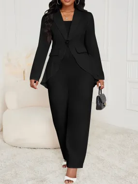 Two-piece Set, Solid Pocket Lapel Cardigan & Sleeveless Wide Leg Jumpsuit Outfits for Women