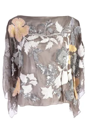 Valentino Fine Sheer Silk Top w/ Metallic & Iridescent Sequins