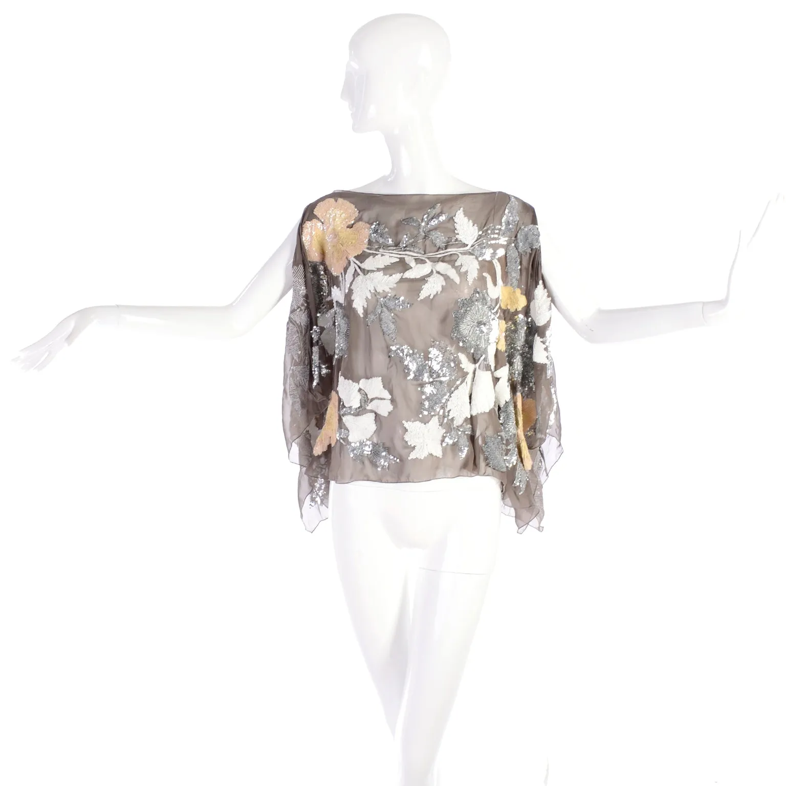 Valentino Fine Sheer Silk Top w/ Metallic & Iridescent Sequins