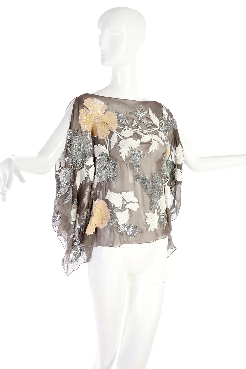 Valentino Fine Sheer Silk Top w/ Metallic & Iridescent Sequins