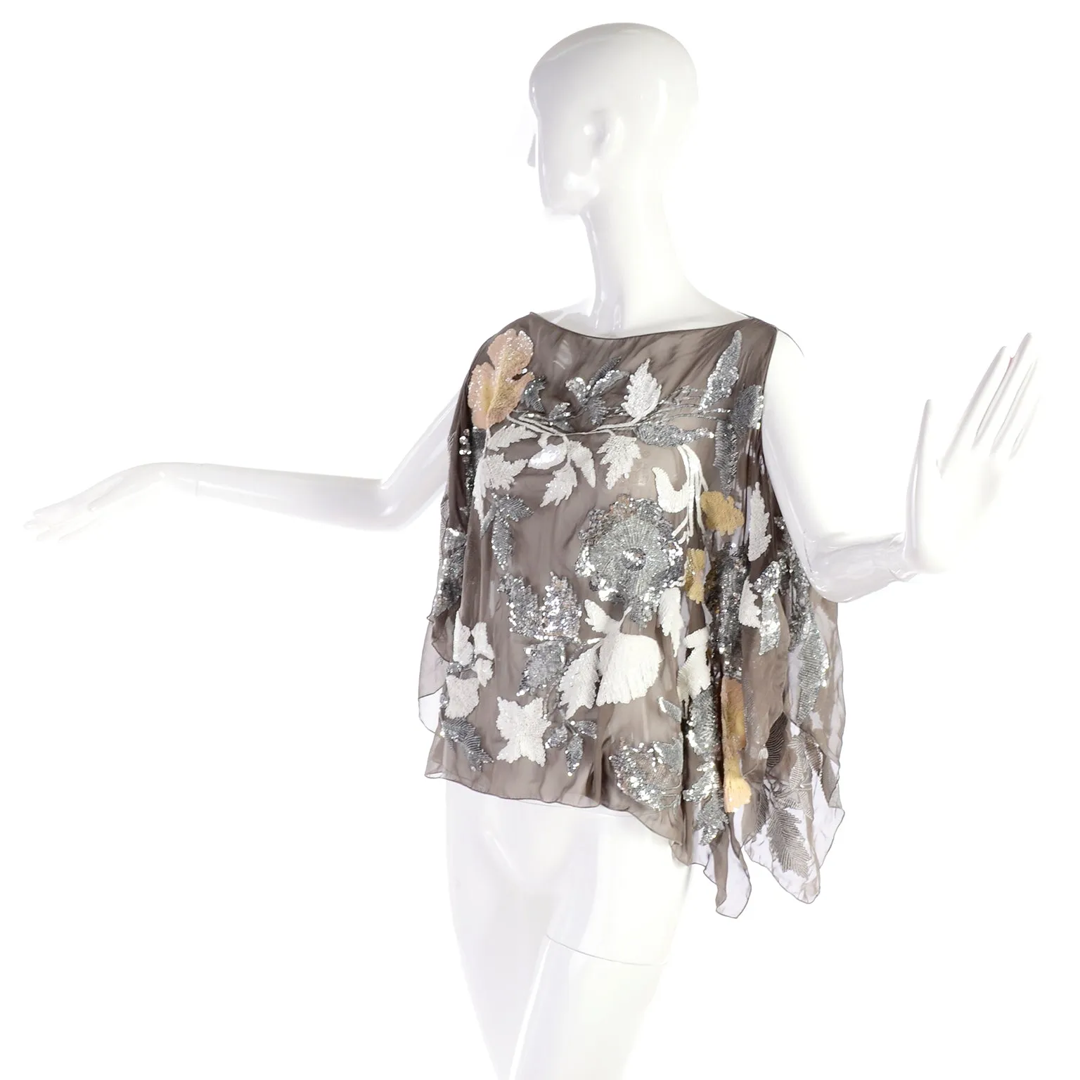 Valentino Fine Sheer Silk Top w/ Metallic & Iridescent Sequins