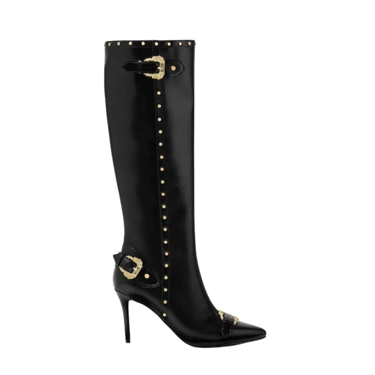 Versace Jeans Couture Scarlett Baroque Buckle Black Knee High Boots