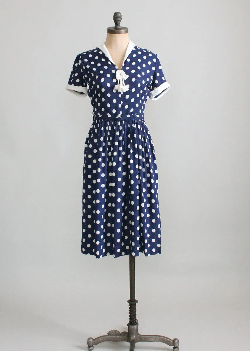 Vintage 1950s Navy and White Polka Dot Day Dress