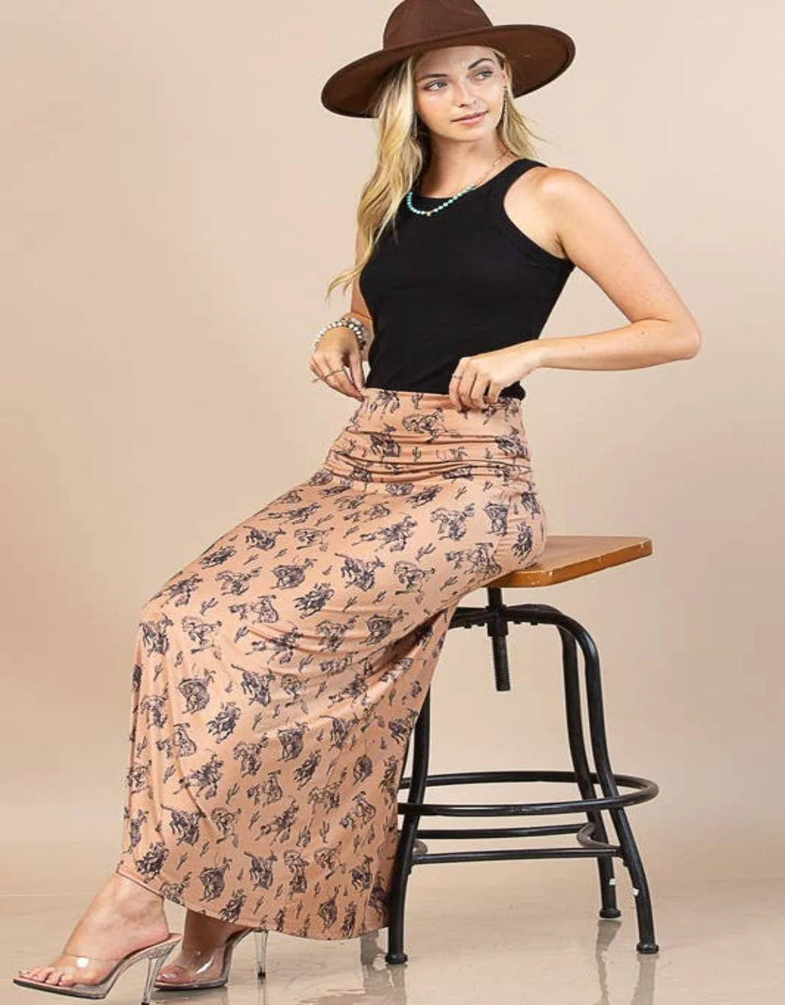 WESTERN BUCKING HORSES PRINT KNIT MAXI SKIRT