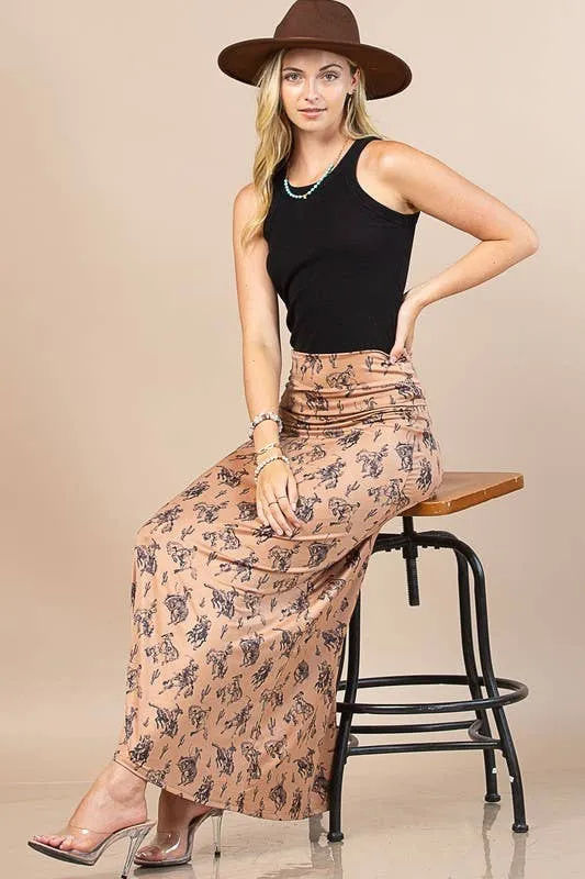 WESTERN BUCKING HORSES PRINT KNIT MAXI SKIRT