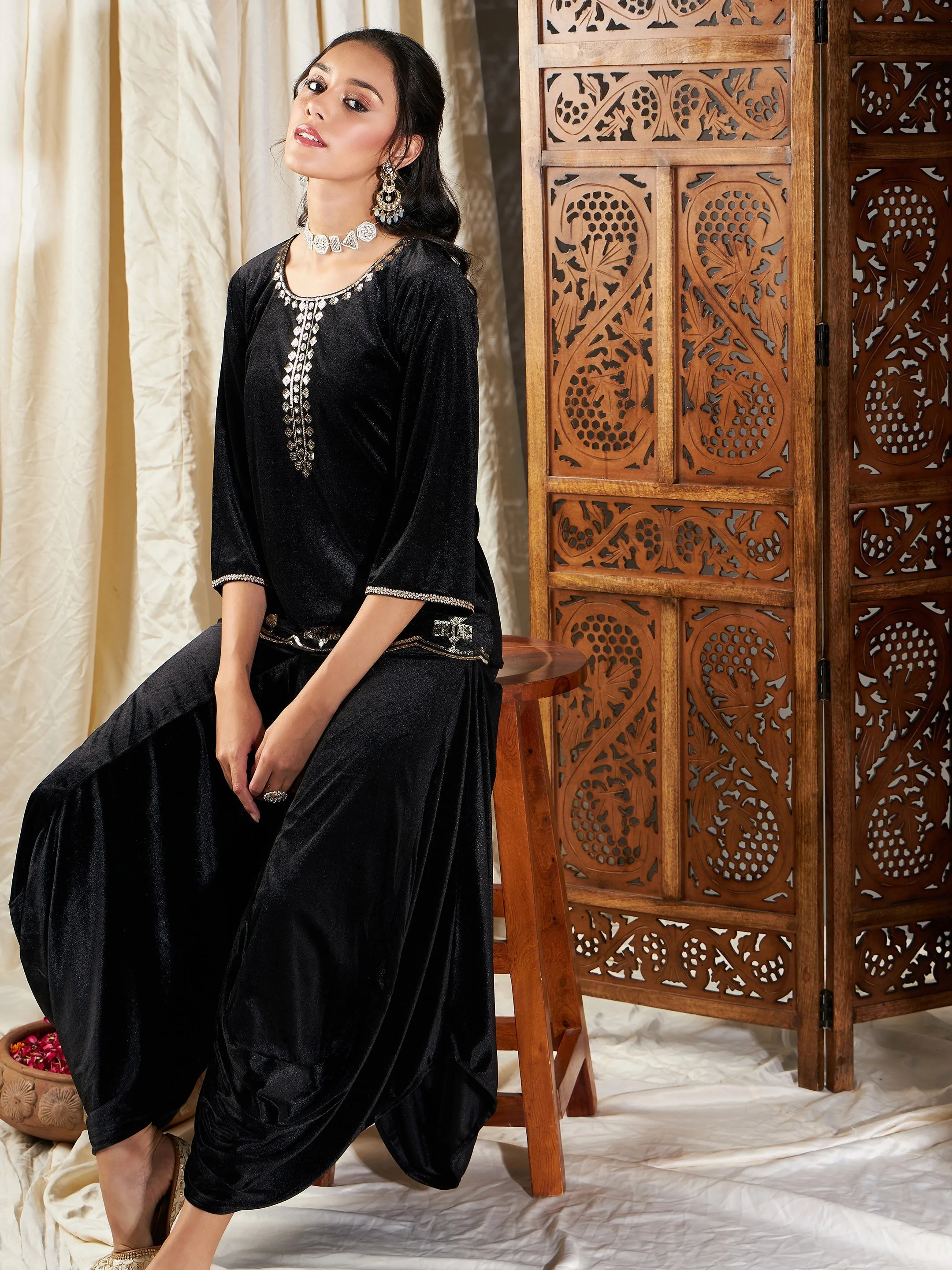 Women Black Velvet Dhoti Skirt