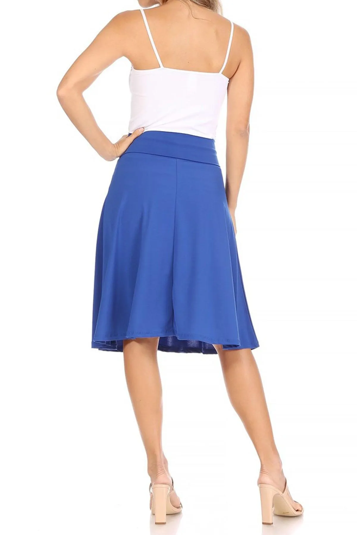 Women's Casual Solid High Waisted Knee Length Flare A-line Skirt with Elastic Waistband