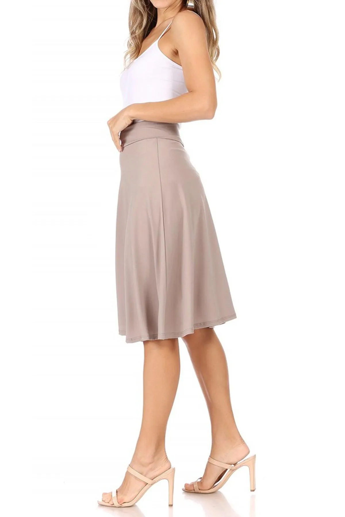 Women's Casual Solid High Waisted Knee Length Flare A-line Skirt with Elastic Waistband