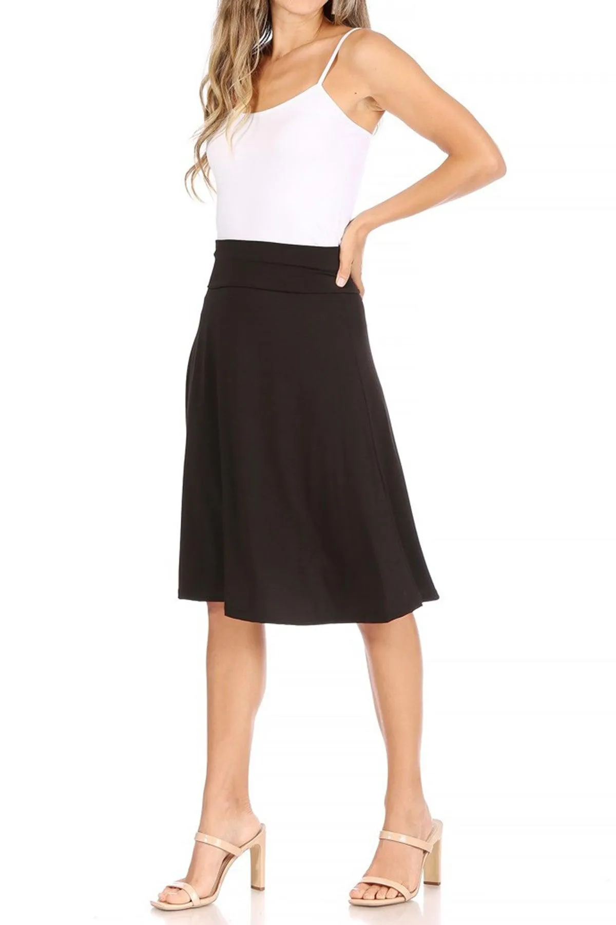 Women's Casual Solid High Waisted Knee Length Flare A-line Skirt with Elastic Waistband