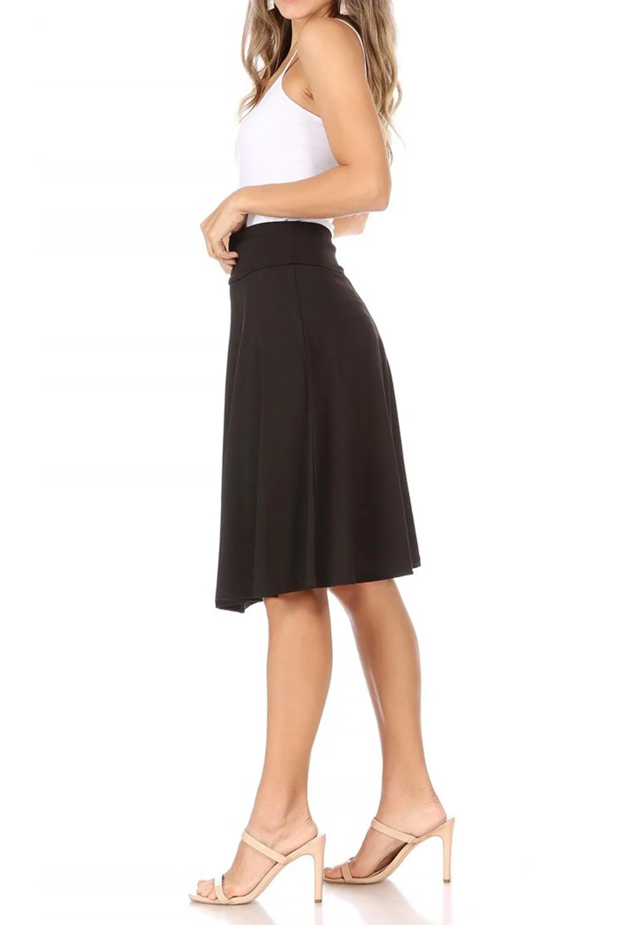 Women's Casual Solid High Waisted Knee Length Flare A-line Skirt with Elastic Waistband