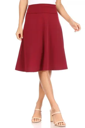 Women's Casual Solid High Waisted Knee Length Flare A-line Skirt with Elastic Waistband