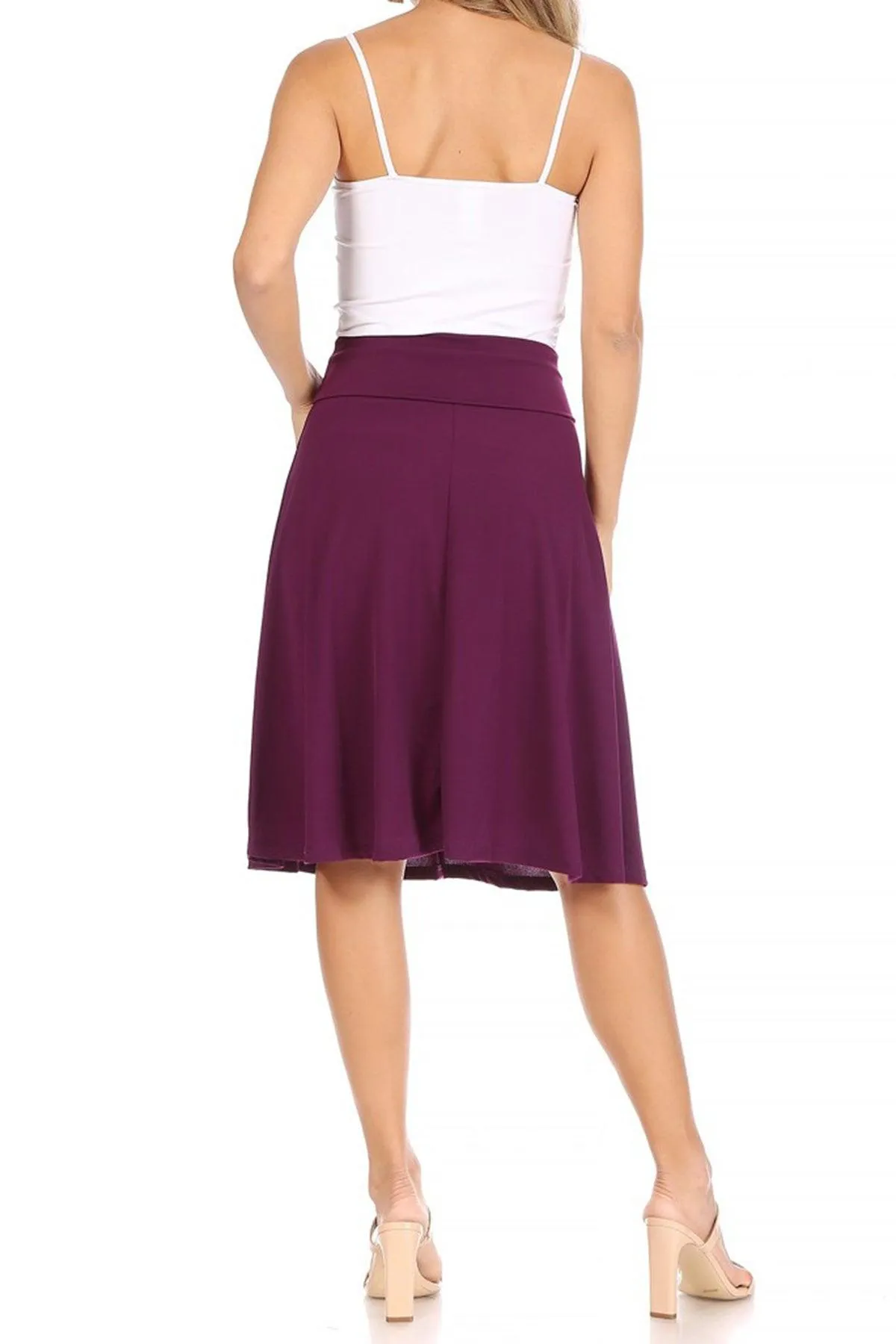 Women's Casual Solid High Waisted Knee Length Flare A-line Skirt with Elastic Waistband