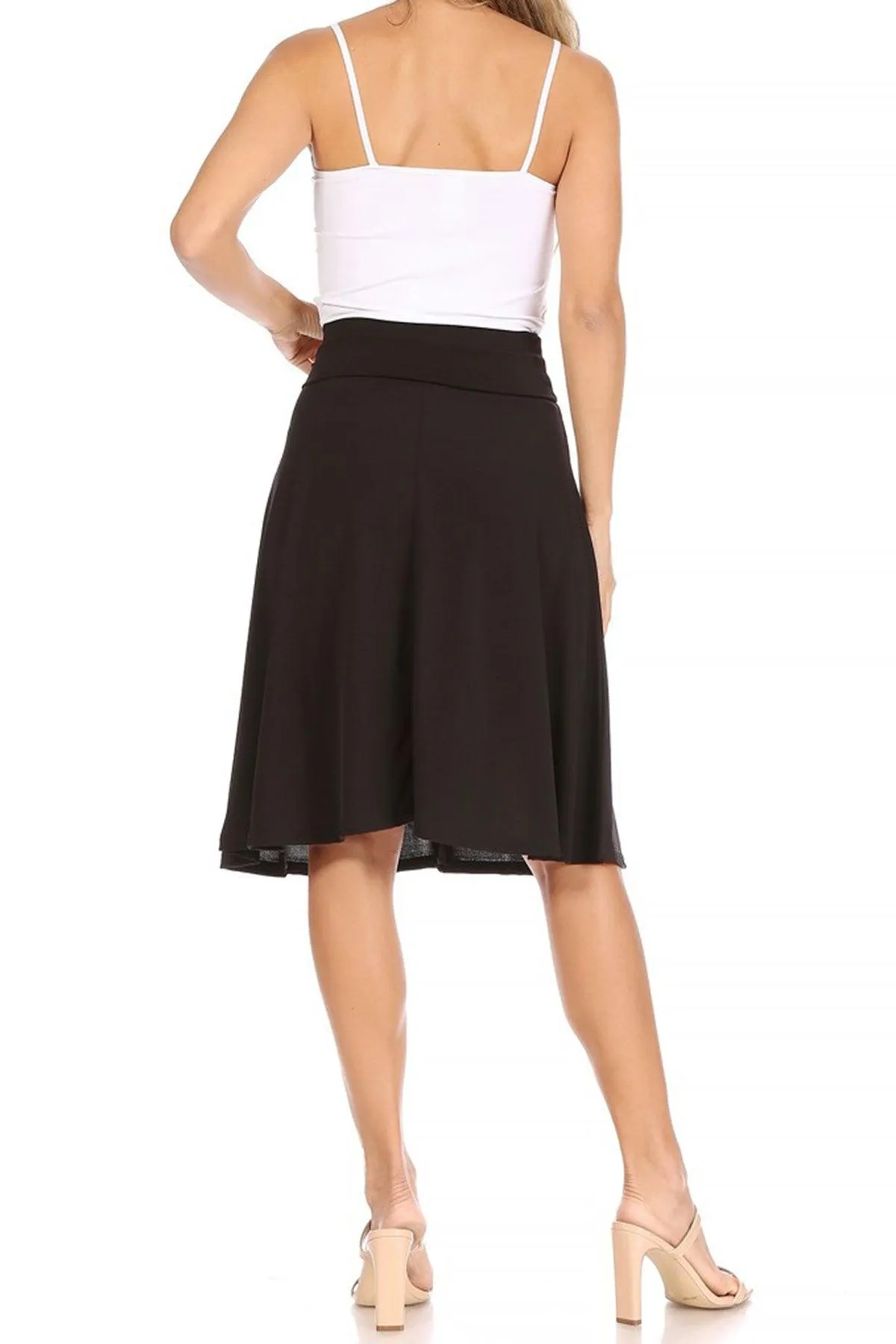 Women's Casual Solid High Waisted Knee Length Flare A-line Skirt with Elastic Waistband