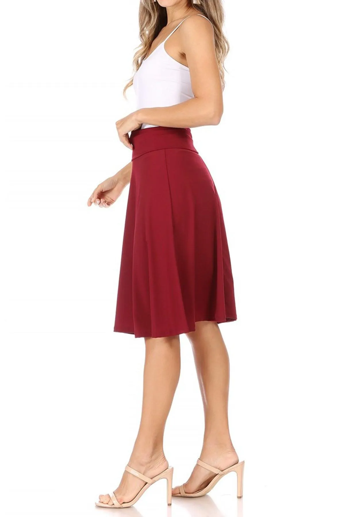 Women's Casual Solid High Waisted Knee Length Flare A-line Skirt with Elastic Waistband