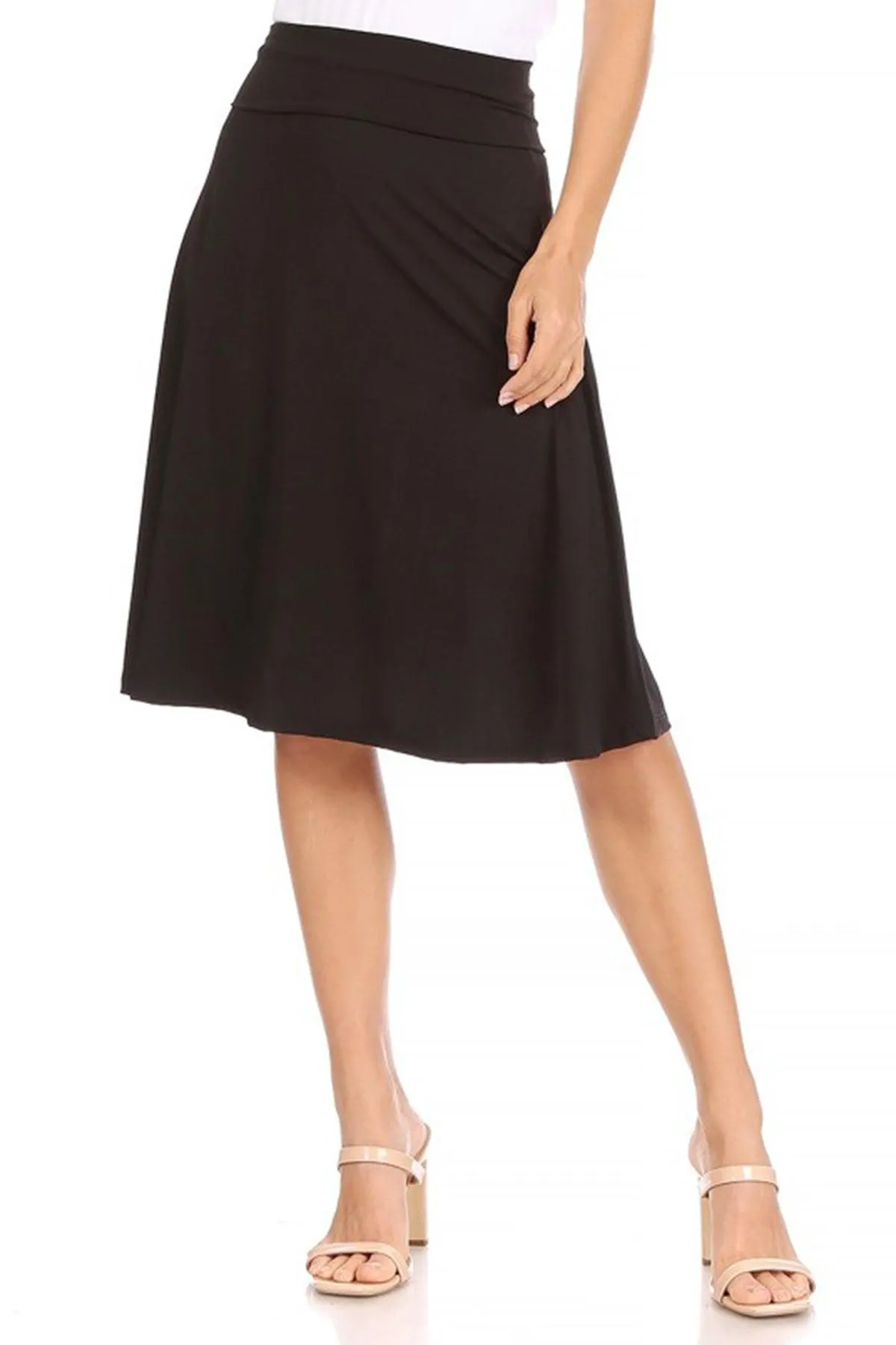 Women's Casual Solid High Waisted Knee Length Flare A-line Skirt with Elastic Waistband