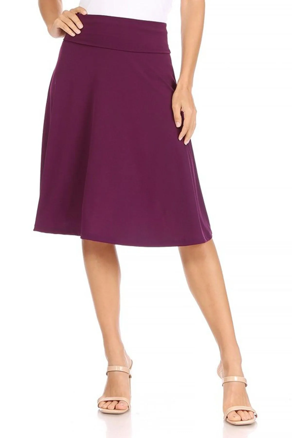 Women's Casual Solid High Waisted Knee Length Flare A-line Skirt with Elastic Waistband