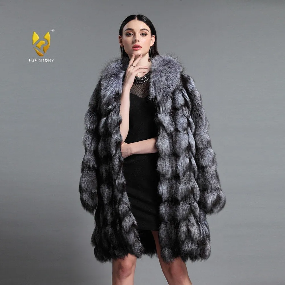 Women's Genuine Fox Fur Coat Women Patch Style Big Fox Collar Female  151106