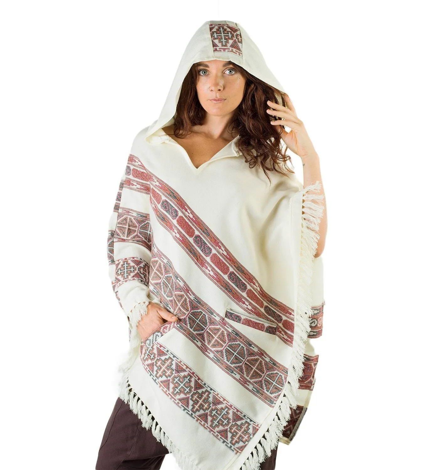 Womens Poncho Large Hood Yak Wool White Tribal Embroidery Celtic Patterns Gypsy Alternative Wild Festival Rave Mexican Primitive AJJAYA