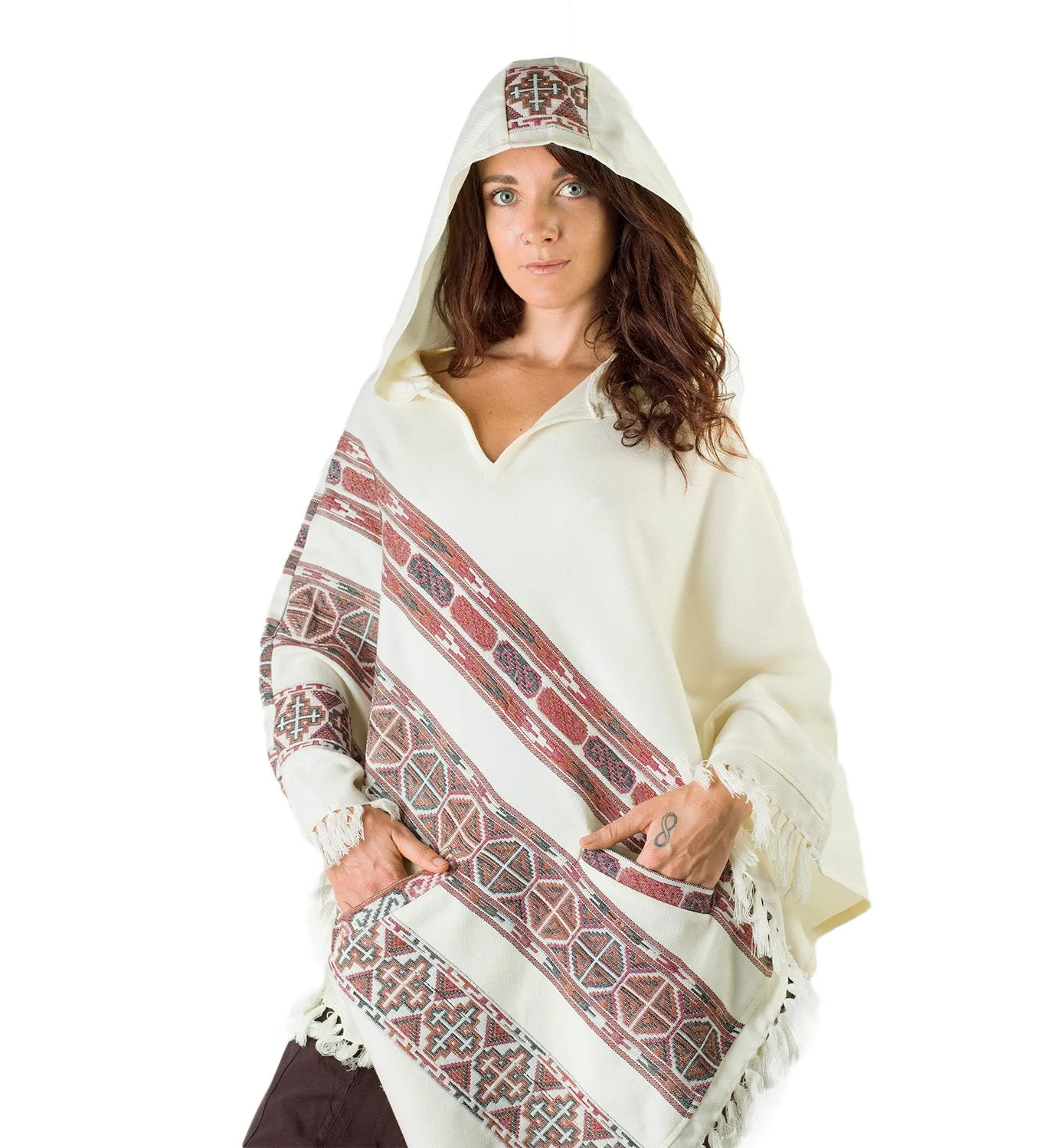 Womens Poncho Large Hood Yak Wool White Tribal Embroidery Celtic Patterns Gypsy Alternative Wild Festival Rave Mexican Primitive AJJAYA