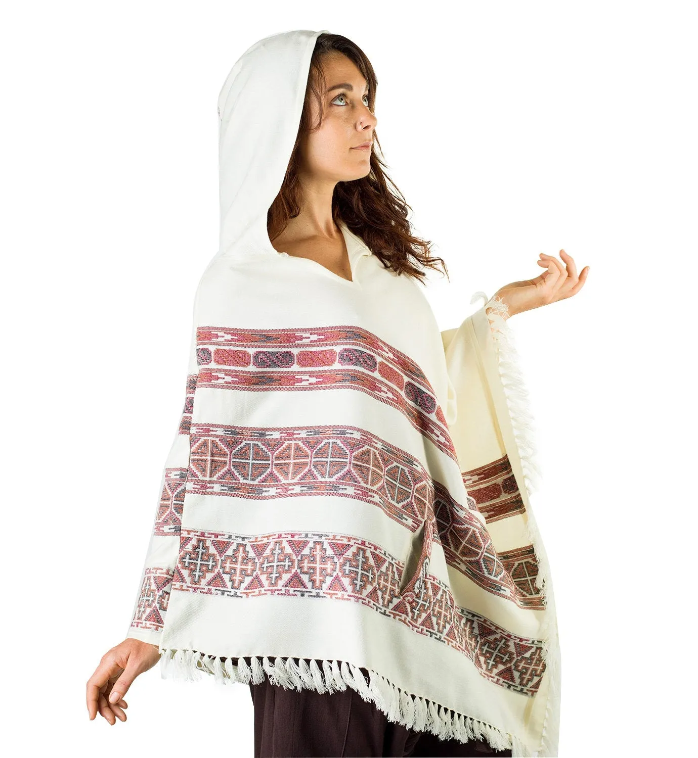 Womens Poncho Large Hood Yak Wool White Tribal Embroidery Celtic Patterns Gypsy Alternative Wild Festival Rave Mexican Primitive AJJAYA