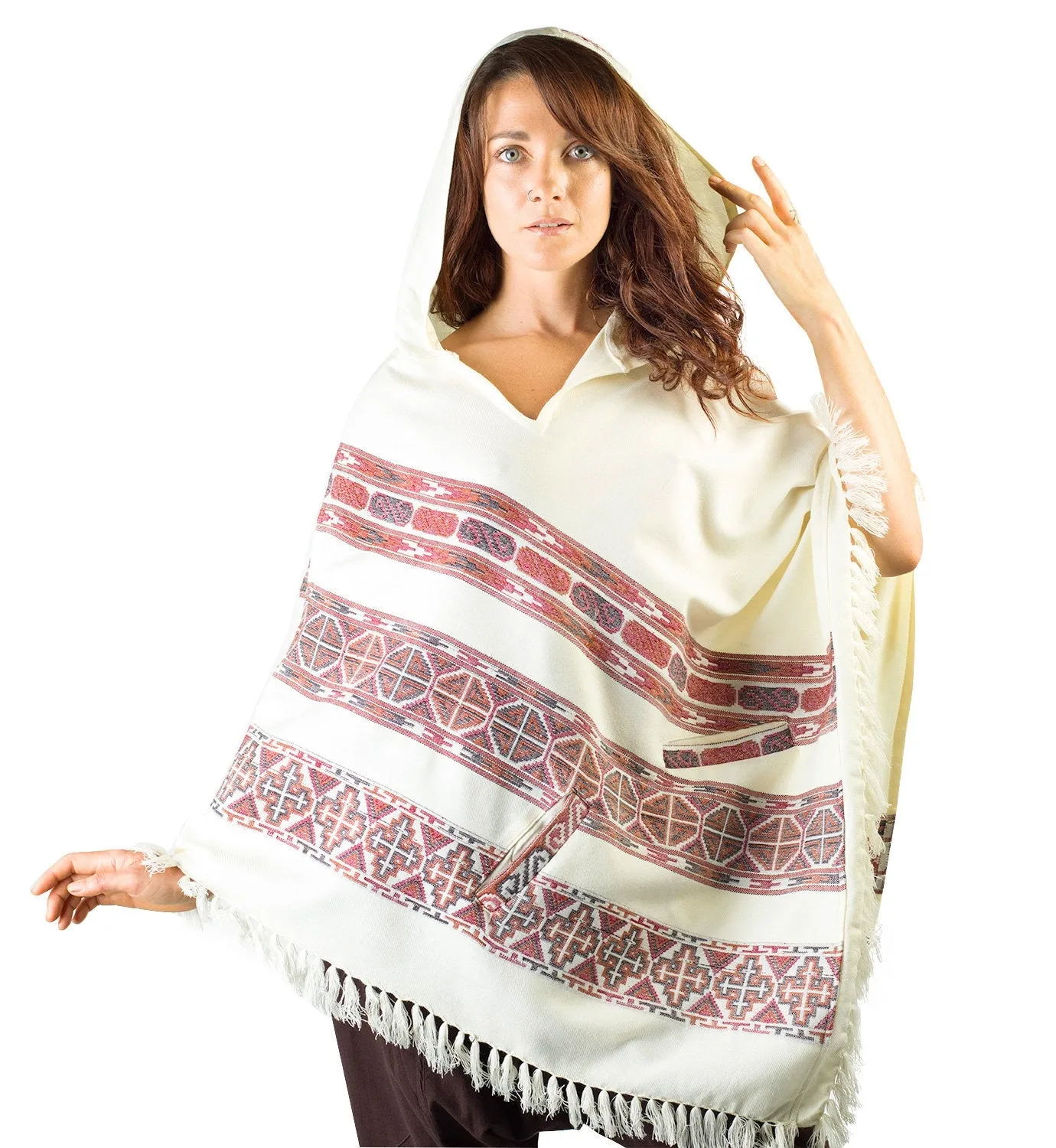 Womens Poncho Large Hood Yak Wool White Tribal Embroidery Celtic Patterns Gypsy Alternative Wild Festival Rave Mexican Primitive AJJAYA