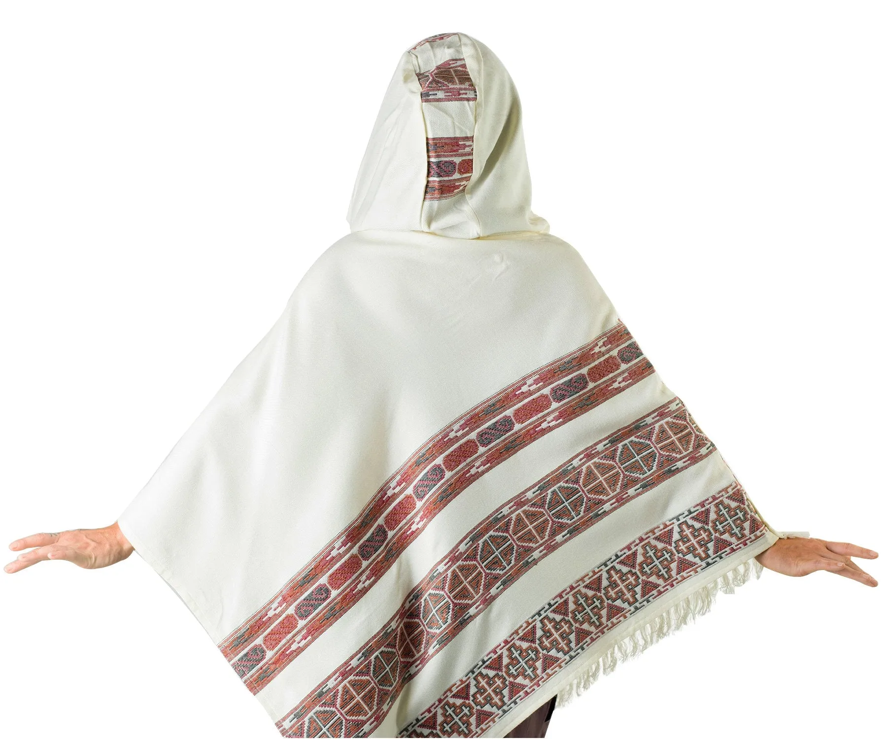 Womens Poncho Large Hood Yak Wool White Tribal Embroidery Celtic Patterns Gypsy Alternative Wild Festival Rave Mexican Primitive AJJAYA