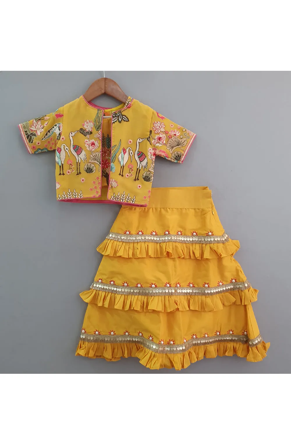 Yellow Thread Embroidered Top With Jacket And Frill Skirt Set