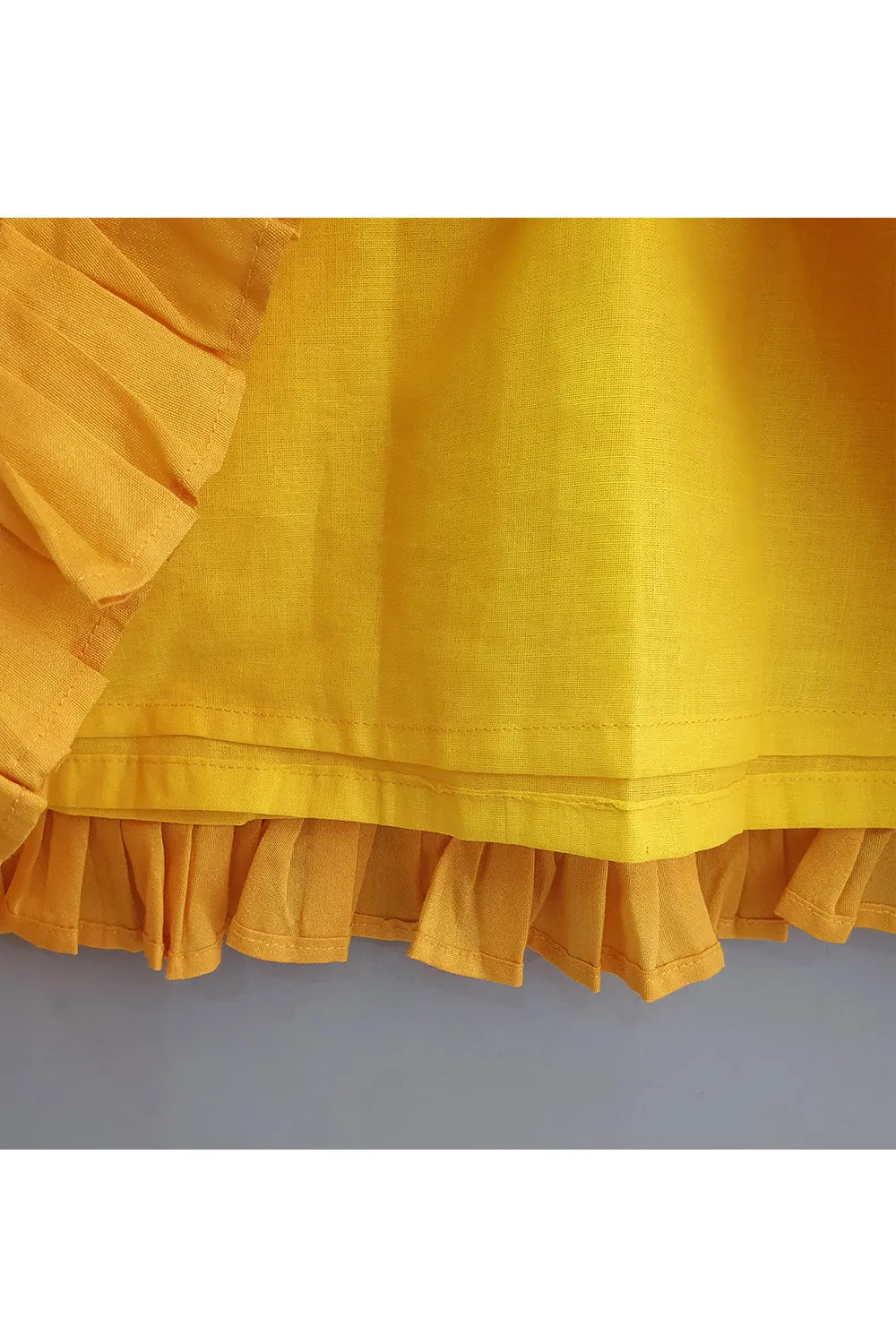 Yellow Thread Embroidered Top With Jacket And Frill Skirt Set