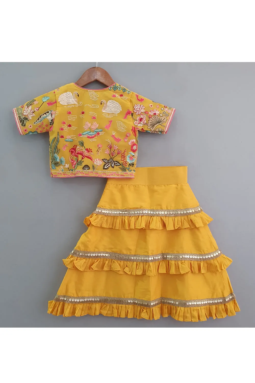 Yellow Thread Embroidered Top With Jacket And Frill Skirt Set