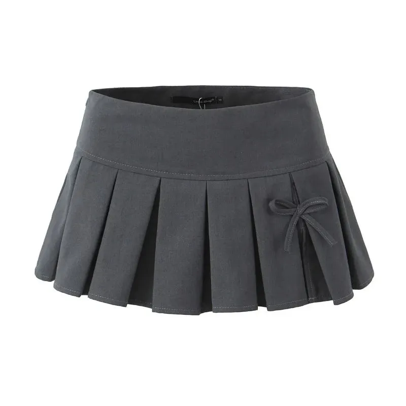 YESMYTOOL  -   Black Super Mini Skirt Women Preppy Style Low Waist Bow Tied Slim Sexy Y2k Pleated Skirt Shorts 2024 Spring Summer