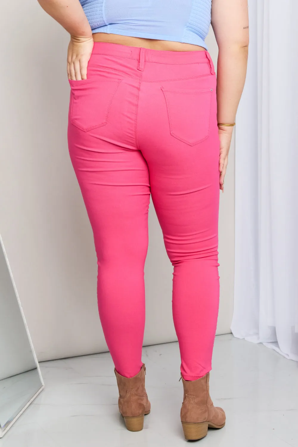 YMI Jeanswear Kate Hyper-Stretch Full Size Mid-Rise Skinny Jeans in Fiery Coral