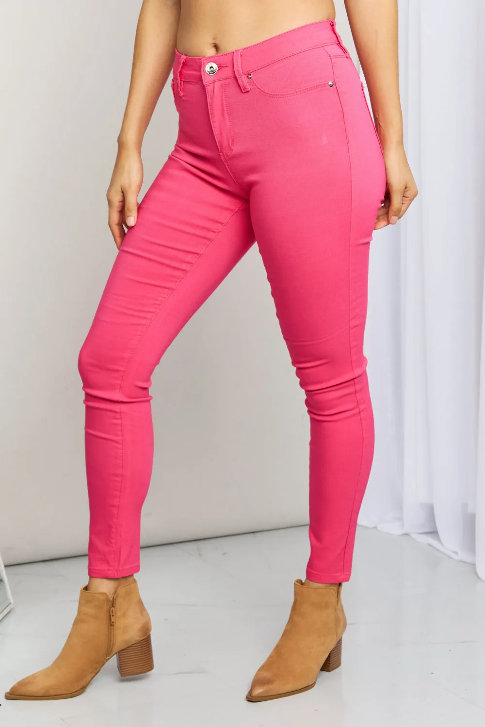 YMI Jeanswear Kate Hyper-Stretch Full Size Mid-Rise Skinny Jeans in Fiery Coral