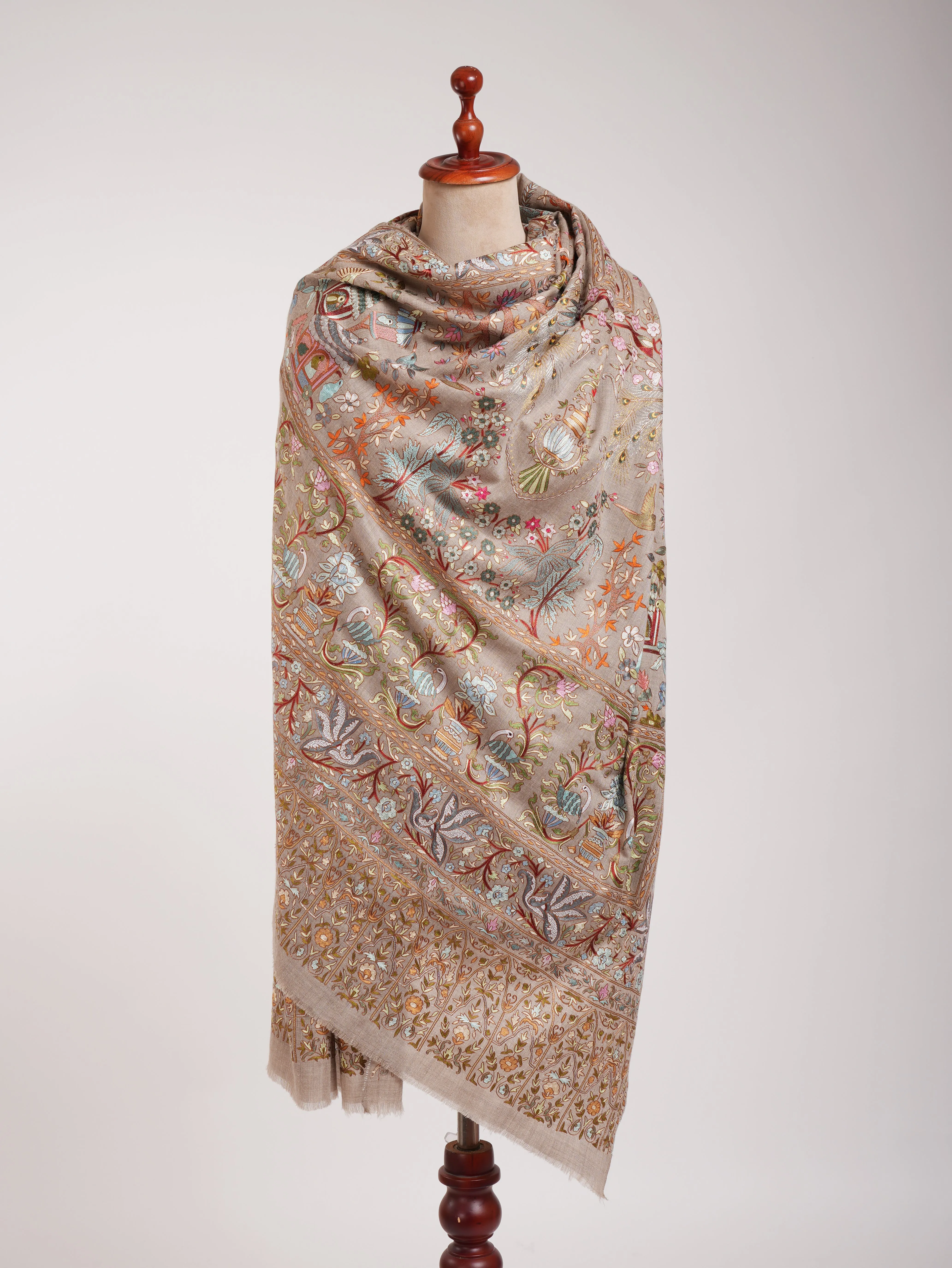 Zari Embroidered Beige Artistic Cashmere Pashmina Shawl