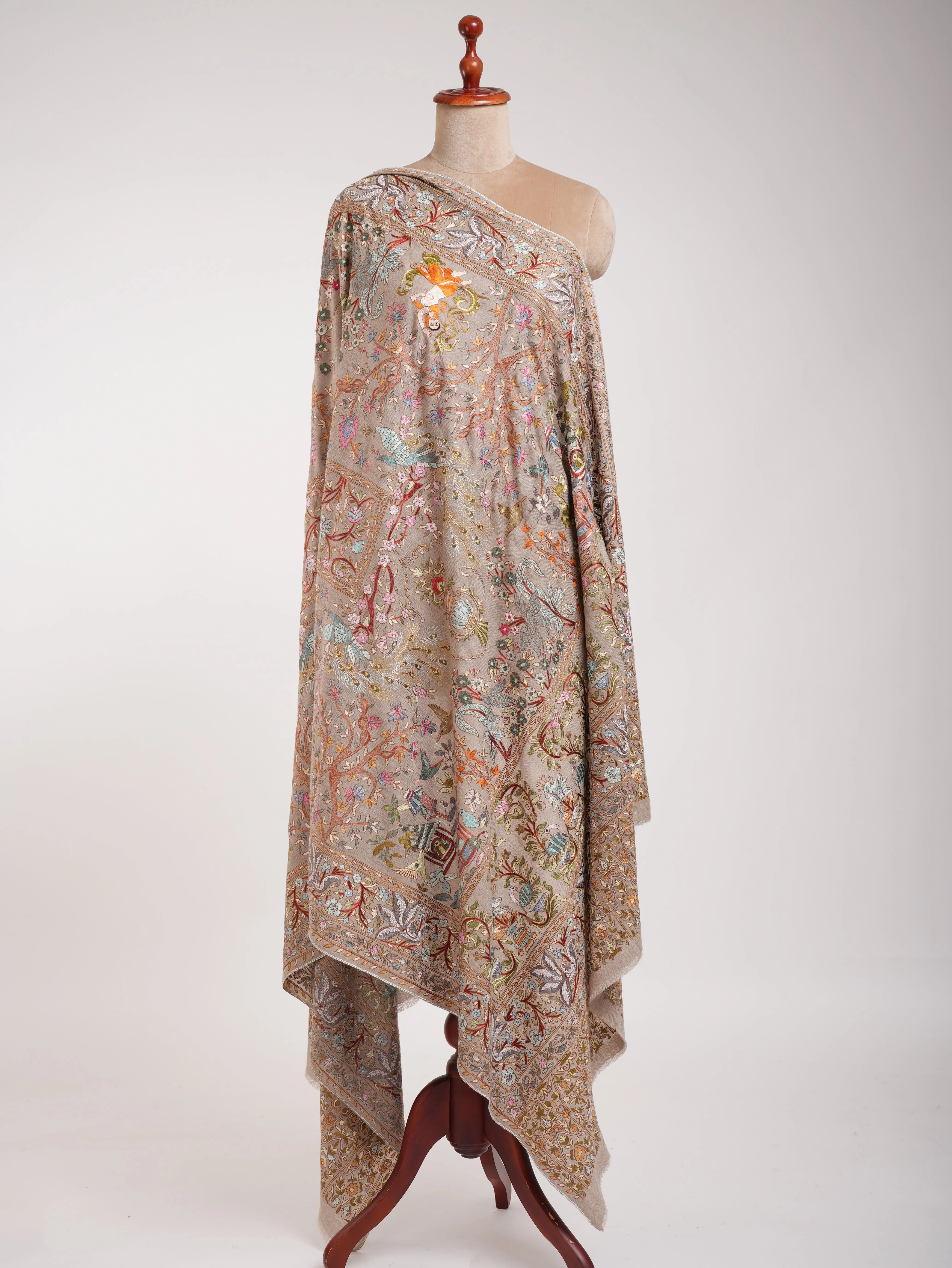 Zari Embroidered Beige Artistic Cashmere Pashmina Shawl