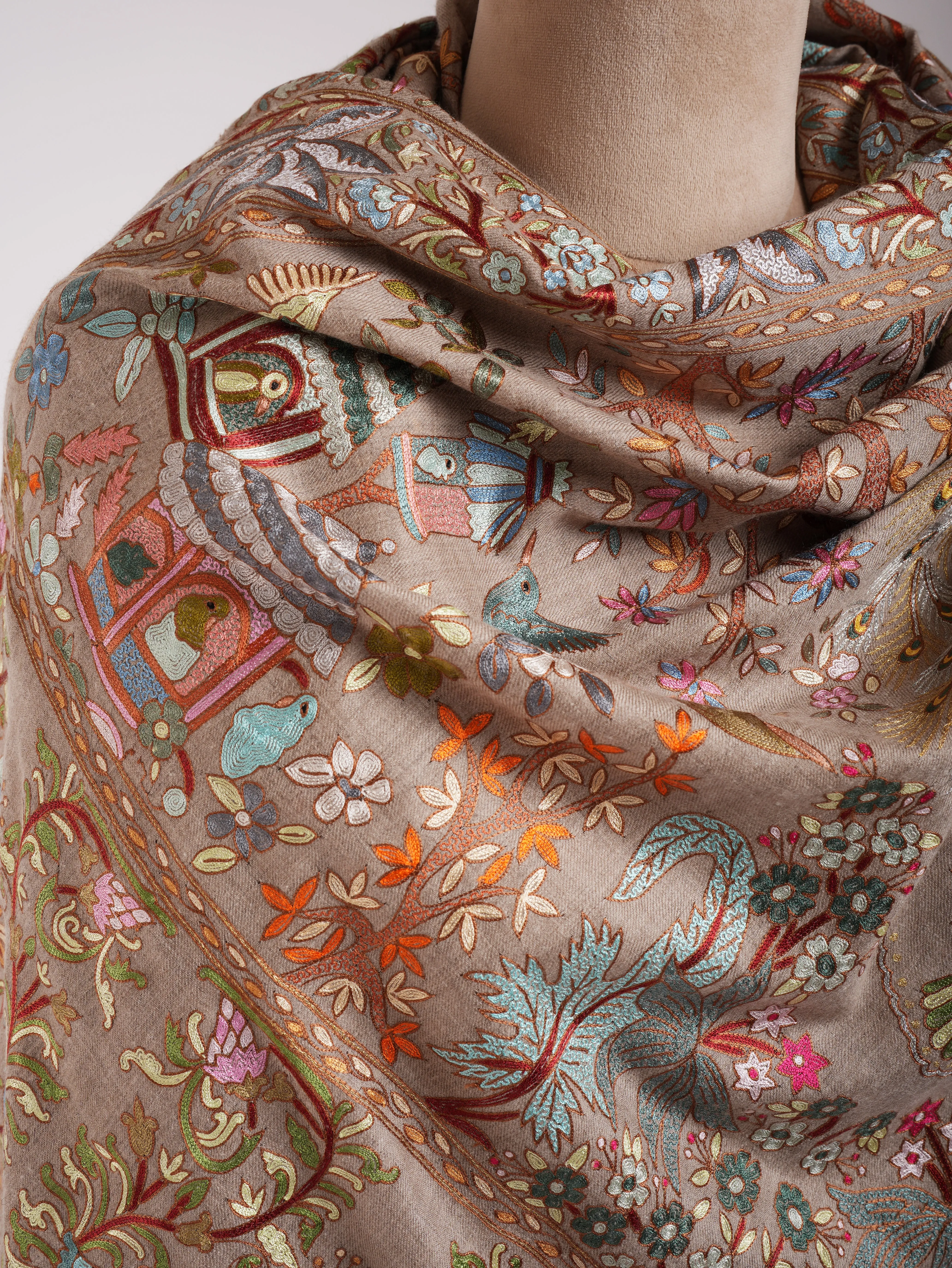 Zari Embroidered Beige Artistic Cashmere Pashmina Shawl